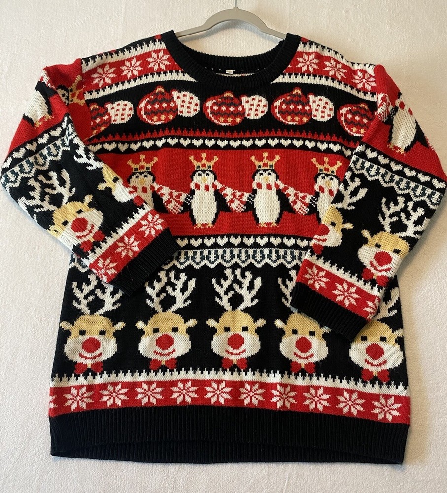 Men’s Ugly Christmas Sweater Reindeers Penguins Red Black White Festive Holiday