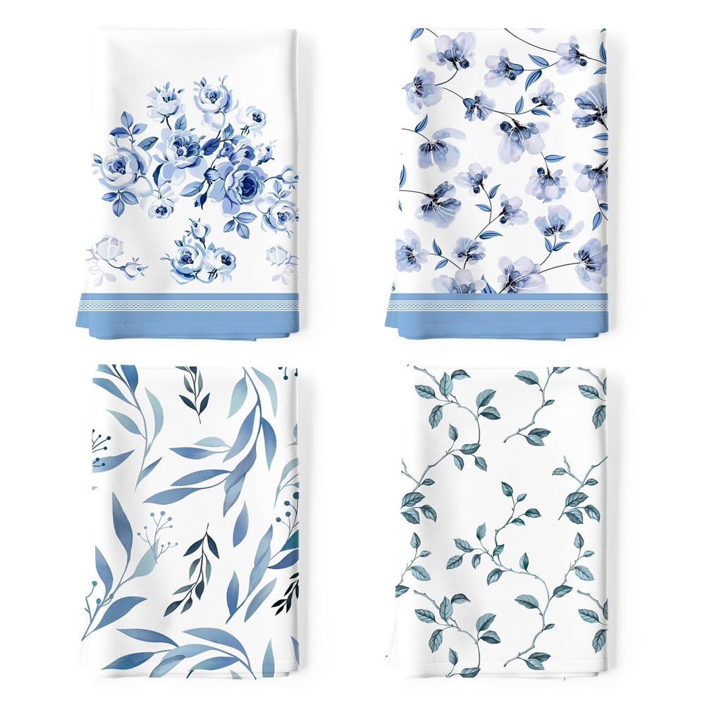 Blue Flower Leaves Tea Towels 100% Cotton Kitchen Quick Dry 20x27.5 Inches 4 Pieces Set