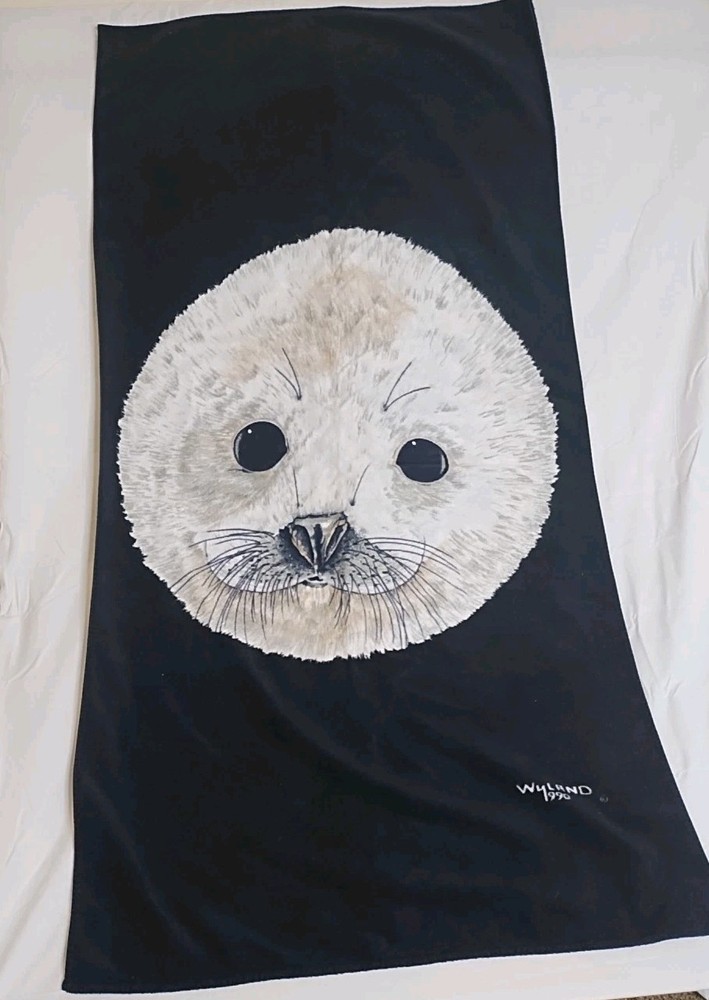 Vintage Wyland 1990 Baby Harp Seal Beach Towel, Black w/White