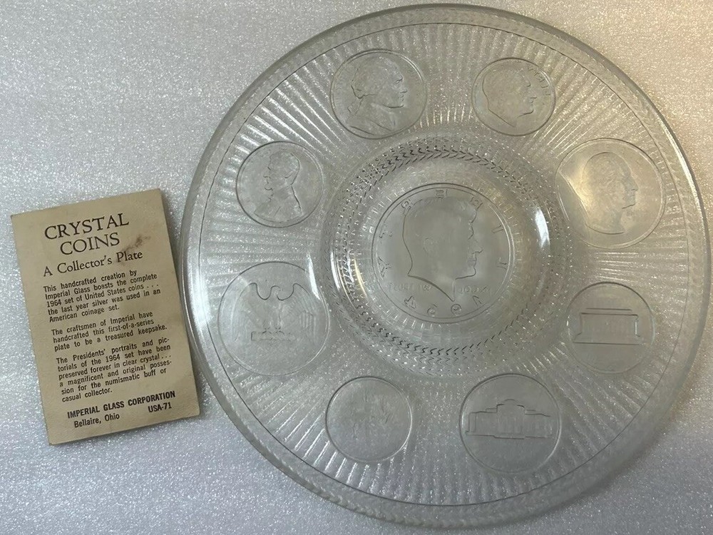 1964 Imperial Clear Glass Collector Plate with Crystal Coins Silver USA Vintage  