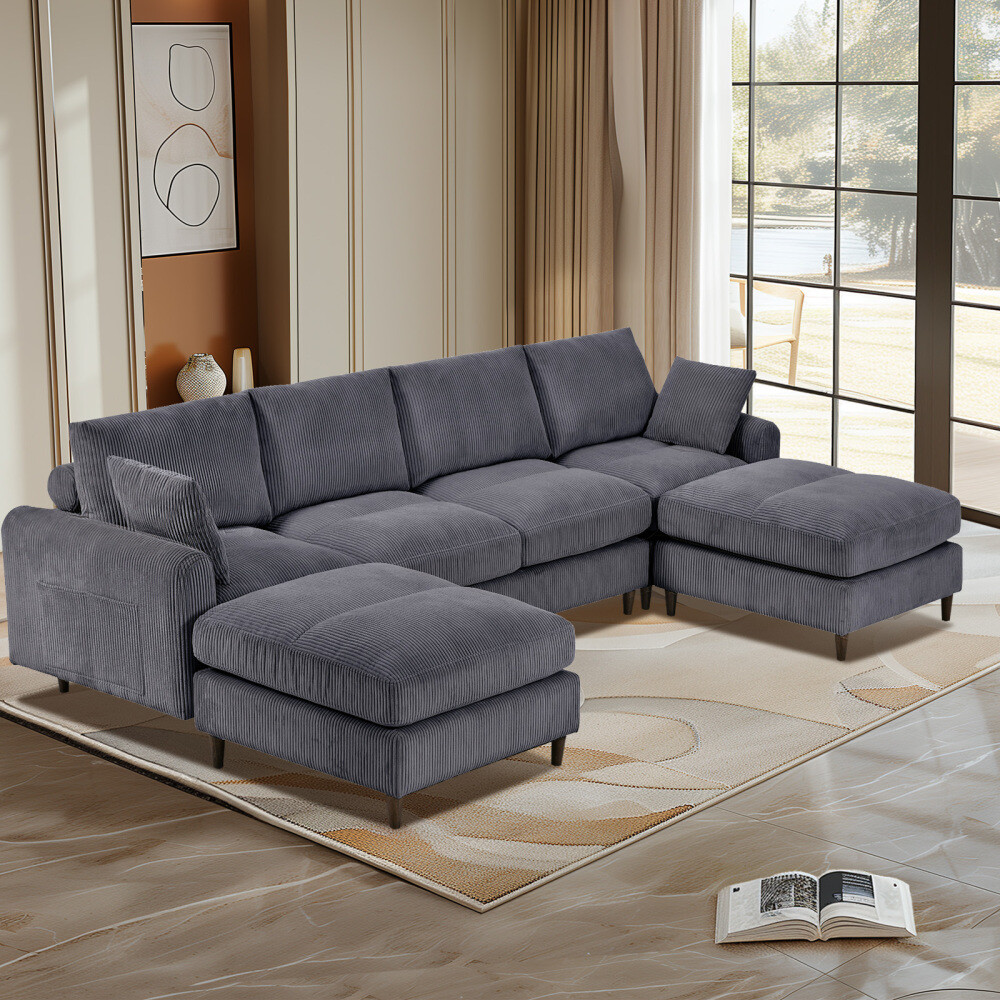 Modern corduroy U-shaped L-shaped convertible sofa set with pillow and footstool