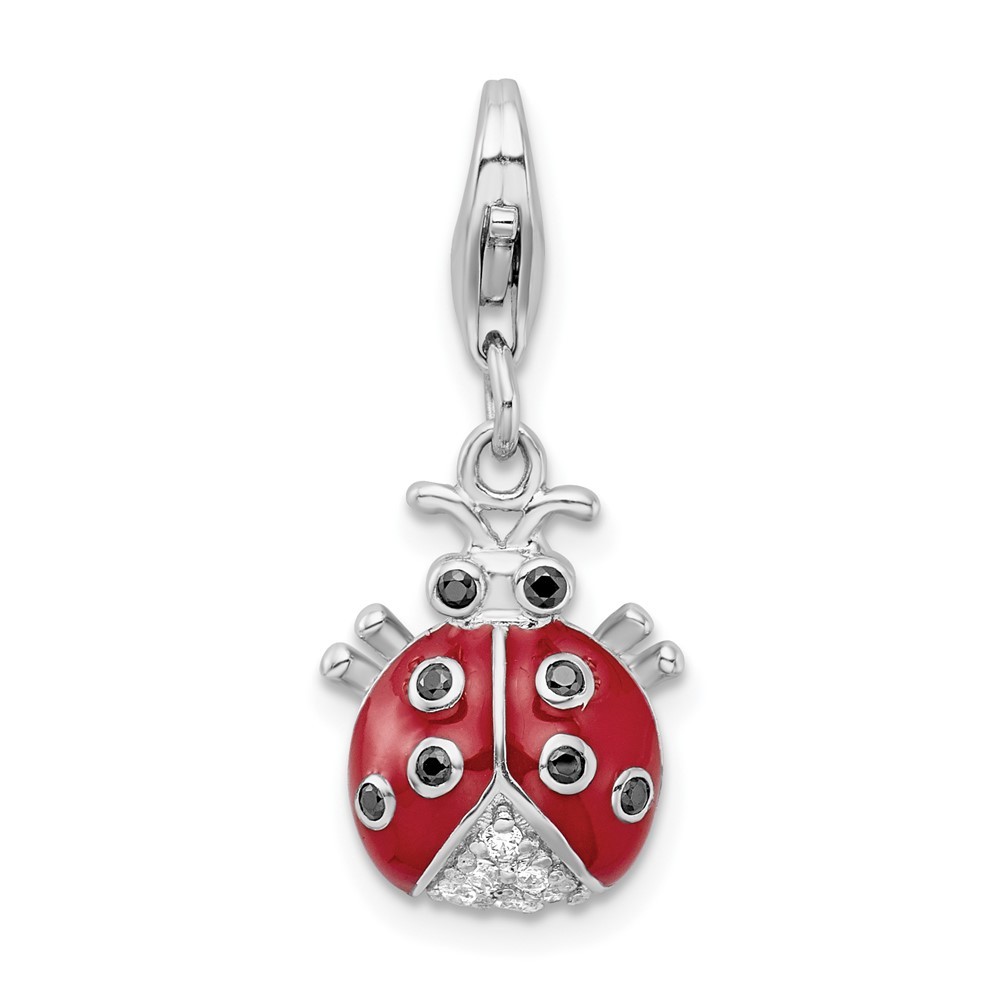 Sterling Silver Polished 3-D Cubic Zirconia Enameled Lady Bug Charm Pendant