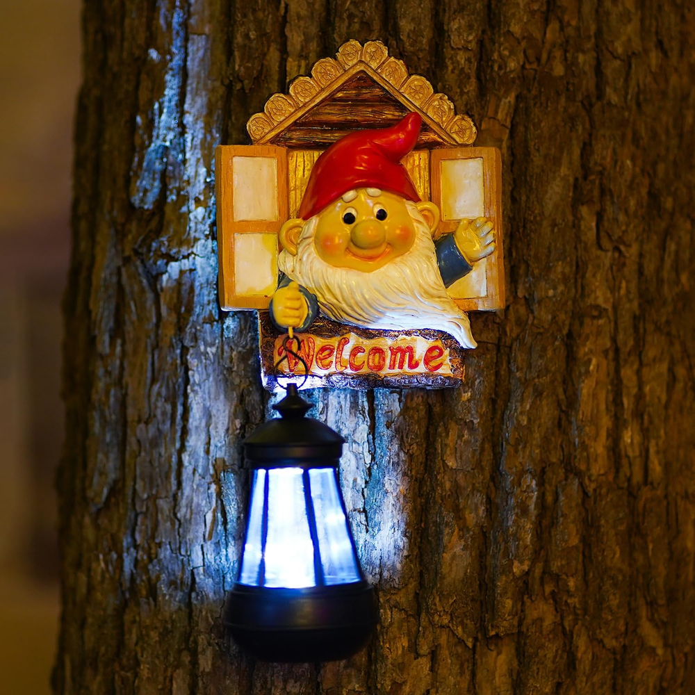Gnome Tree Hugger with Solar Lantern - 10.6 Inch Resin Gnome Statue for Outdoor