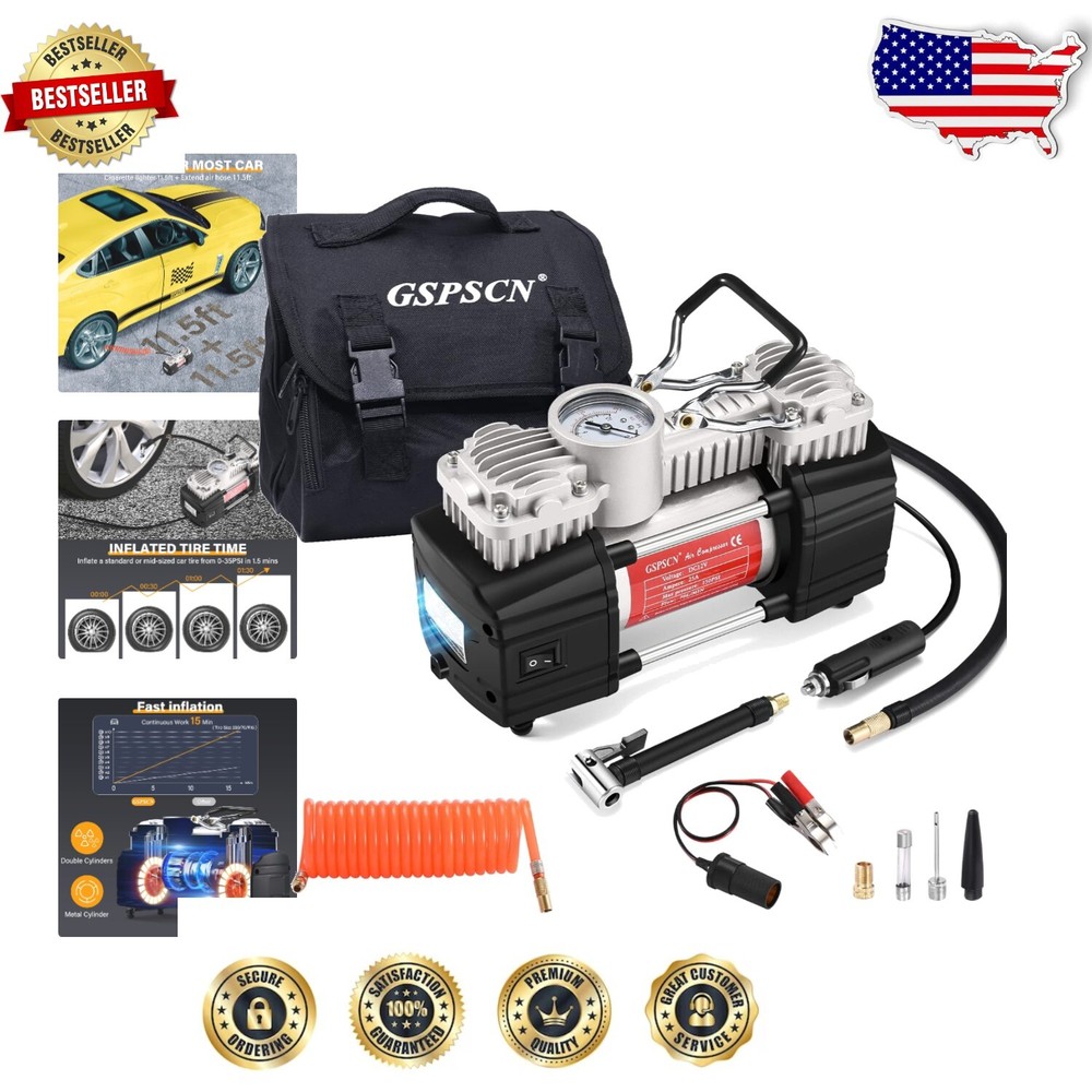 150 PSI Double Cylinder Tire Inflator with LED Light - Fast Inflation for Cars