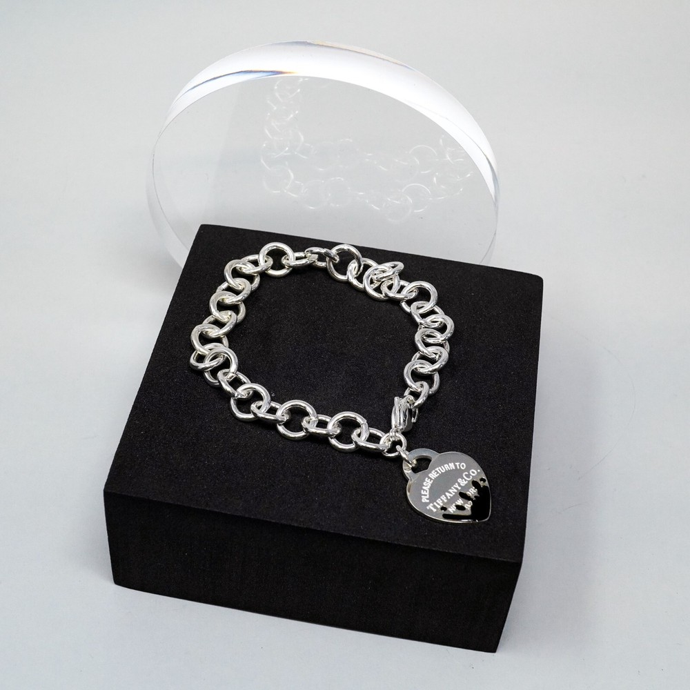 Tiffany & Co. 925 Silver, Black Splash Heart Tag Bracelet 20cm With Gift Box Set