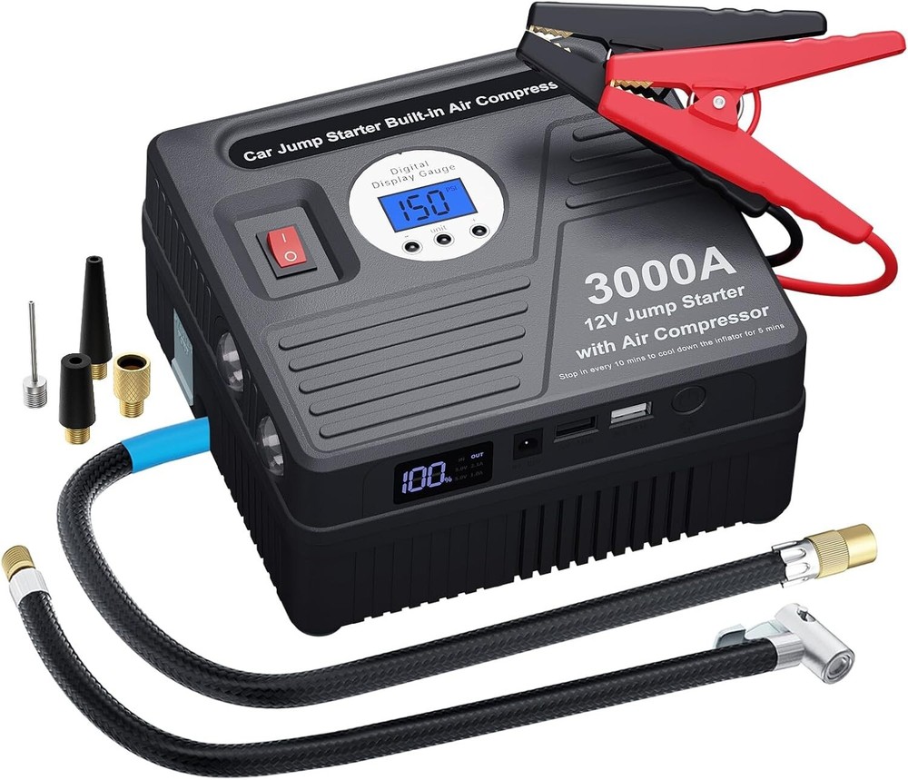 3000Amp Car Jump Starter with Air Compressor, 150PSI Tire Inflator (RED)