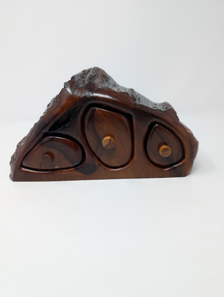 Vintage Hand-Carved Tree Stump Burl Wood Box with 3 Drawers