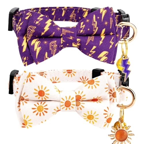 2 Pack Breakaway Cat Collar with Removable Bow Tie and Bell for Lightning&Sun