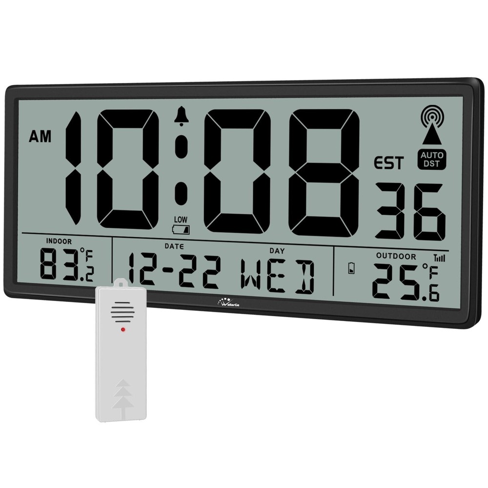 WallarGe Atomic Clock with Indoor Outdoor Temperature - Easy to Read - Self S...