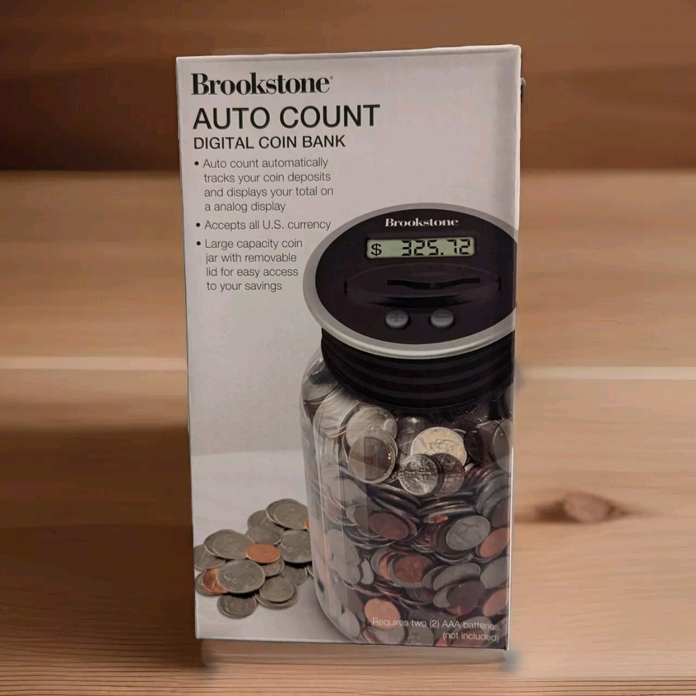 Brookstone Auto Count Digital Coin Bank Analog Display Lid U.S. Currency NEW-image