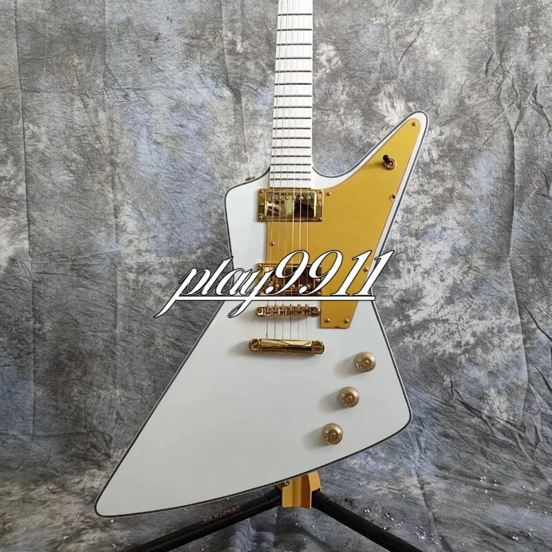 Custom Explorer White Electric Guitar Gold Hardware Gold Pick Guard HH Pickups