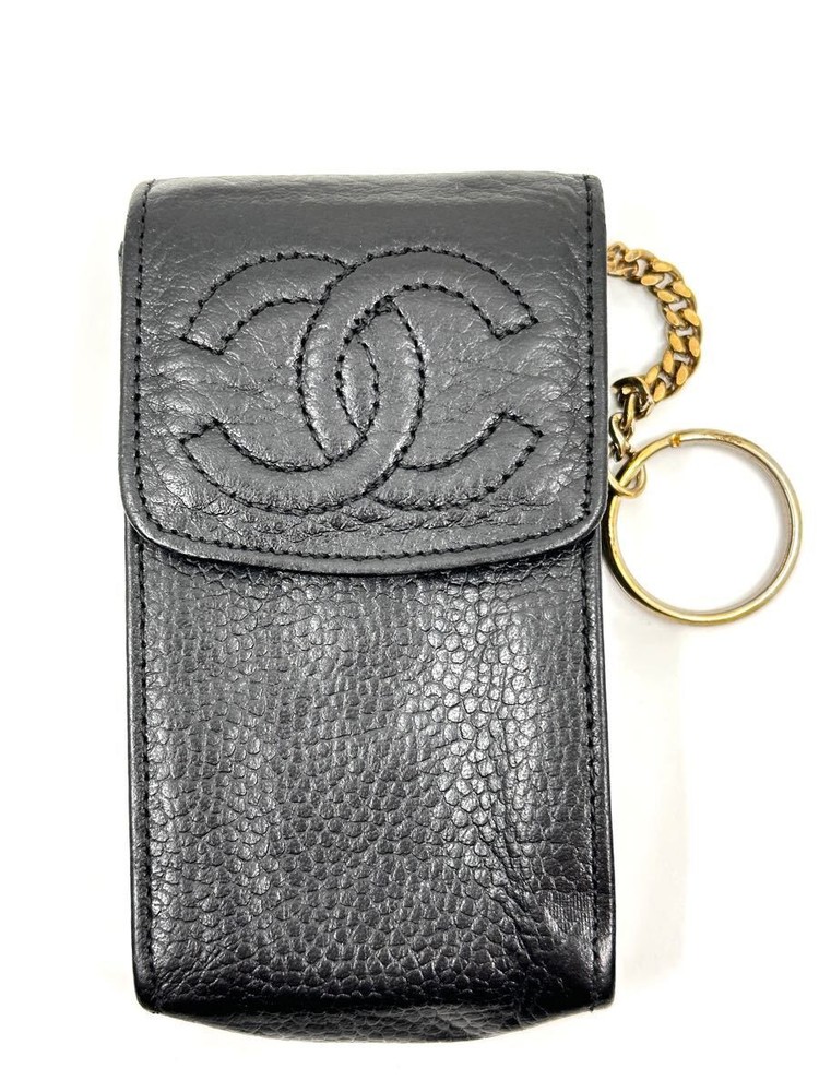 CHANEL Caviar Skin Cigarette Case Coco Mark Black Caviar Leather Key Ring
