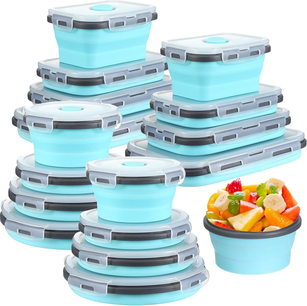 16-Pack Collapsible Food Storage Containers with Lids - 8 Foldable Bowls