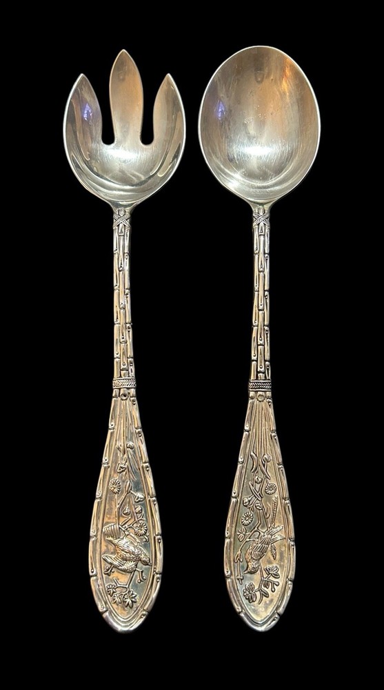 Bombay Silver Plate Salad Serving Utensils Fork & Spoon 11.5” Birds Bamboo 3D