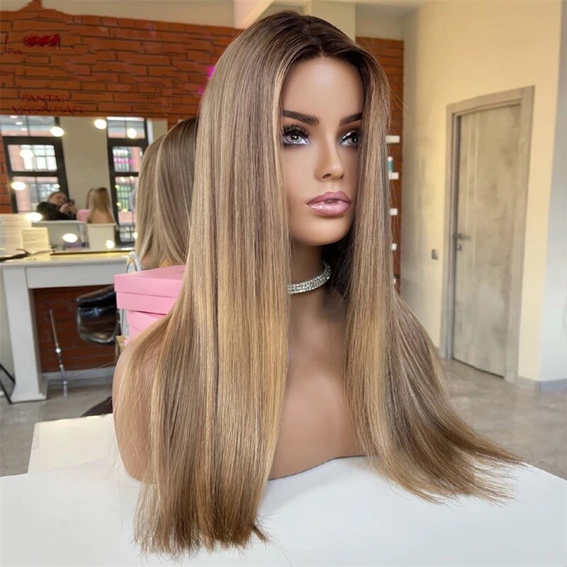 100% Human Hair Wig 13X4 Lace Wig Honey Blonde Brown Highlights Wig