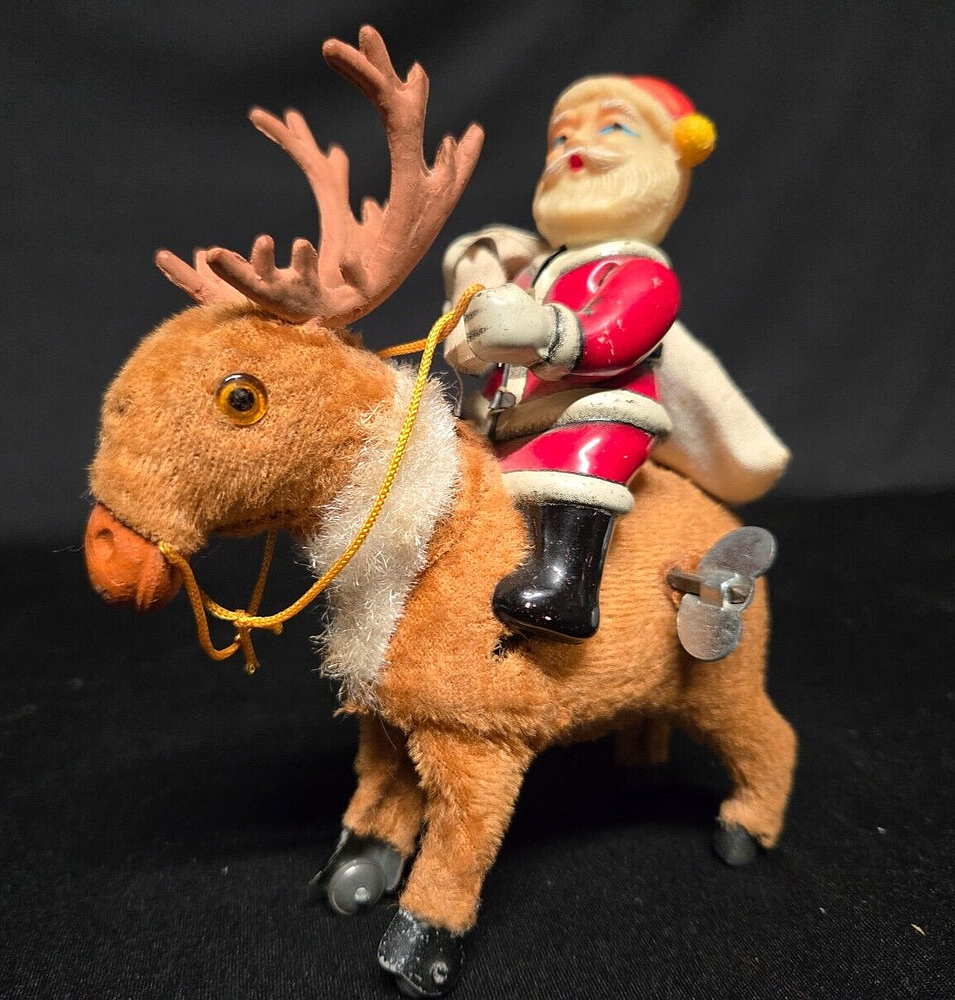Antique Wind Up 1950s Santa Claus Reindeer Tin Hard Plastic Cloth Made in Japan