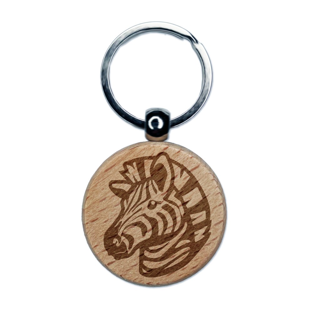 Striped Zebra Head Engraved Wood Round Keychain Tag Charm