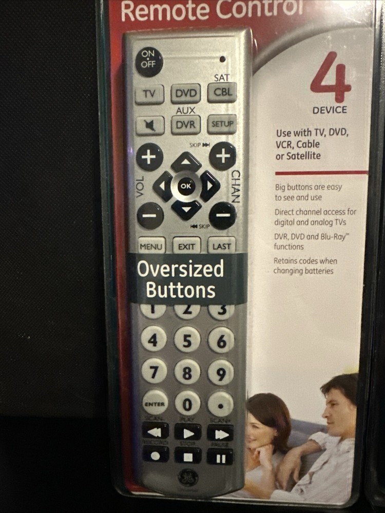 GE Universal Big Button Remote Control for 4 Devices with AAA Batteries, Lot of 2
