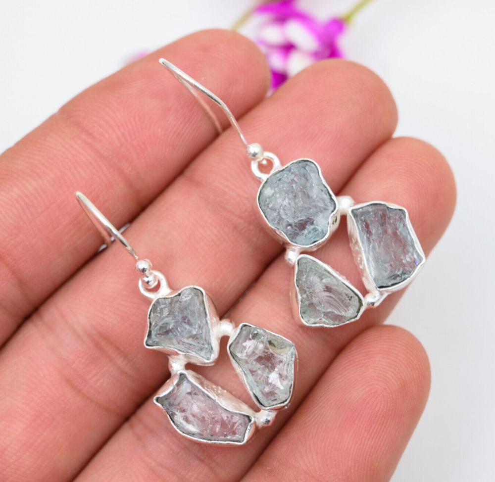 Amezing Aquamarine Gemstone Earrings 925 Sterling Silver Handmade Jewelry Gift