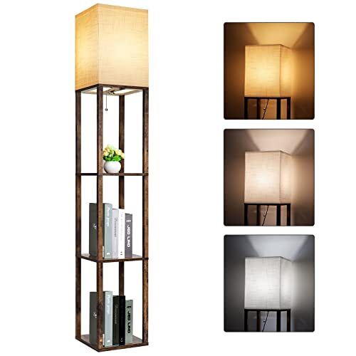 Floor Lamp with Shelves, Modern Shelf Lamp for Display Storage, 3 Rustic Brown