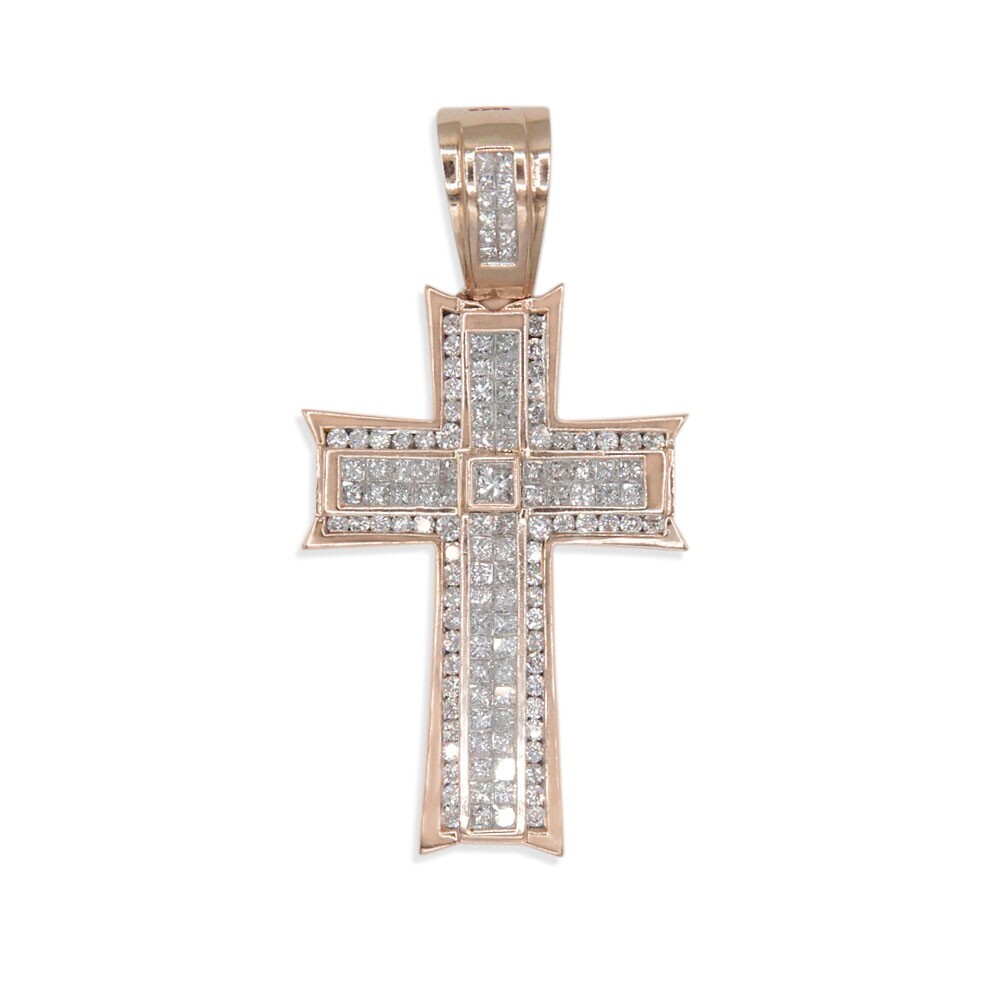 14k Rose Gold 9ctw Round and Princess Cut Diamond Cross Pendant 40.6grams