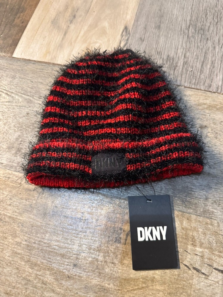 DKNY Red Black Lined Fleece Striped Knit Beanie One Size New