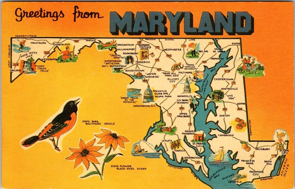 MD-Maryland, Map Scenic Greetings, Landmarks, Vintage Postcard