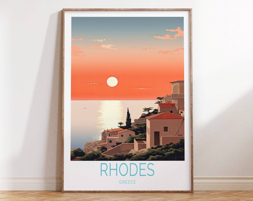 Rhodes Travel Poster Greece Wall Art Rhodes Sunset Travel Print Greece Coast