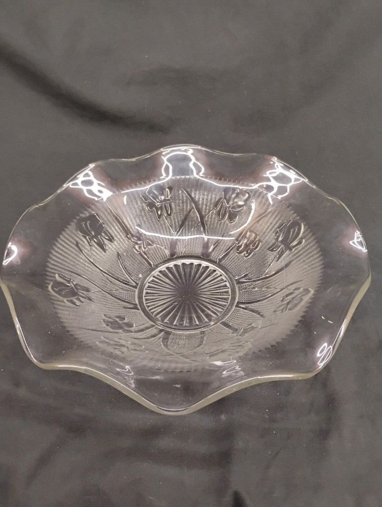 Vintage Clear Depression Glass Frosted Flowers Serving Bowl
