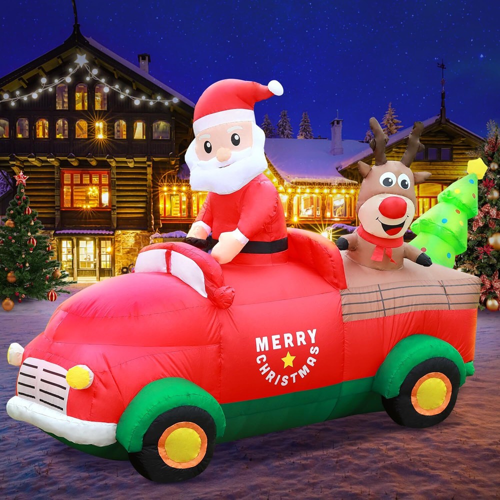 6FT Christmas Inflatables Truck, Santa Claus and Reindeer Drive Truck Blow up...