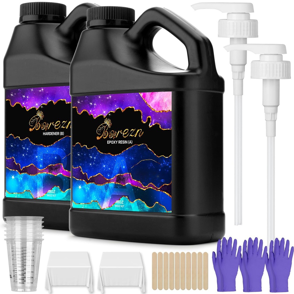 Bsrezn 96 oz Crystal Clear Epoxy Resin Kit with Pumps and 1:1 Mix Ratio