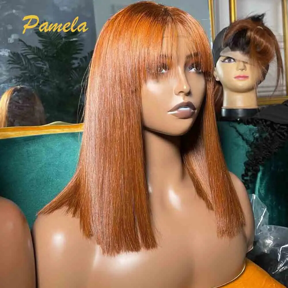 Ginger Orange Glueless Transparent Lace Front Human Hair Wig with Bangs