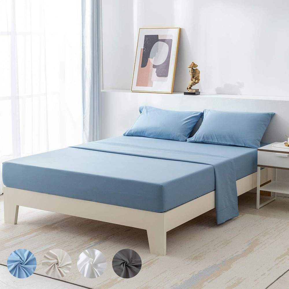 Queen Blue Microfiber Bed Sheets Set 4 Pieces 16