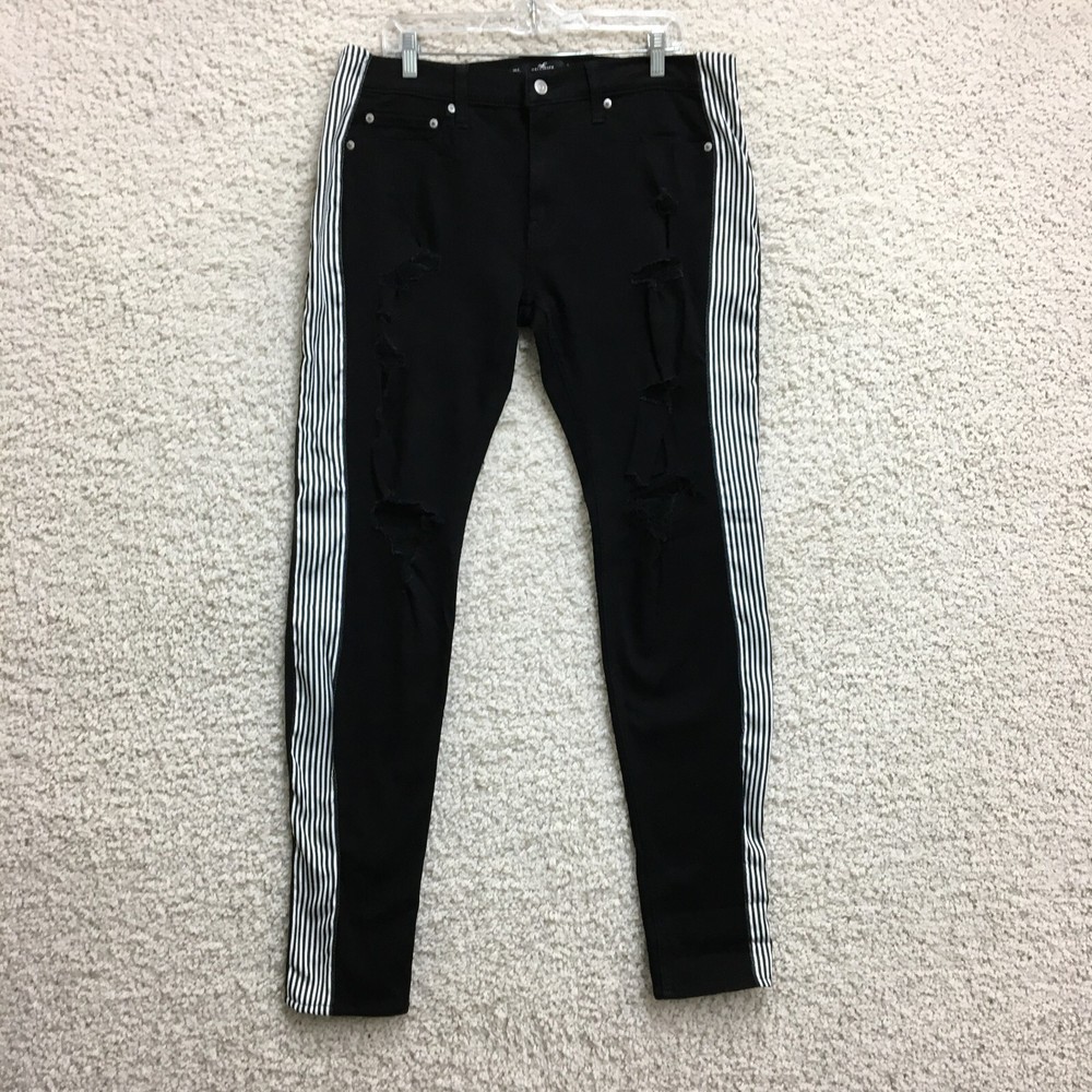 Hollister Jeans 33x32 (Fits 34x34) Men Black Stacked Skinny Stretch Ripped Denim