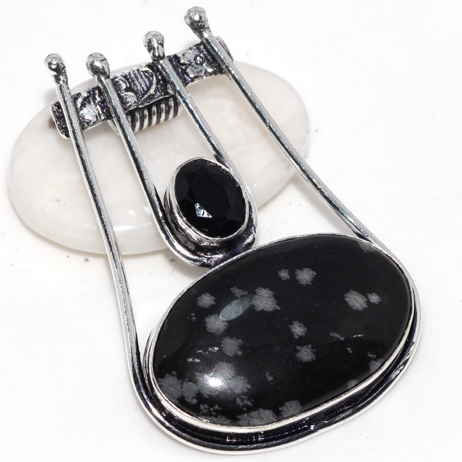 Snowflake Obsidian Black Onyx 925 Silver Plated Pendant 2