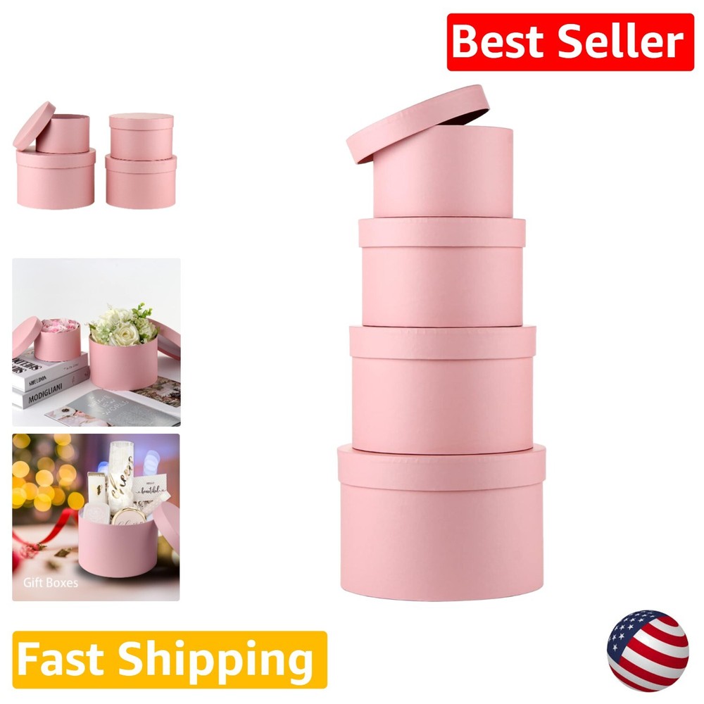 Round Gift Boxes for Flowers - Set of 4 Pink Boxes with Lids - Wedding, Birthday