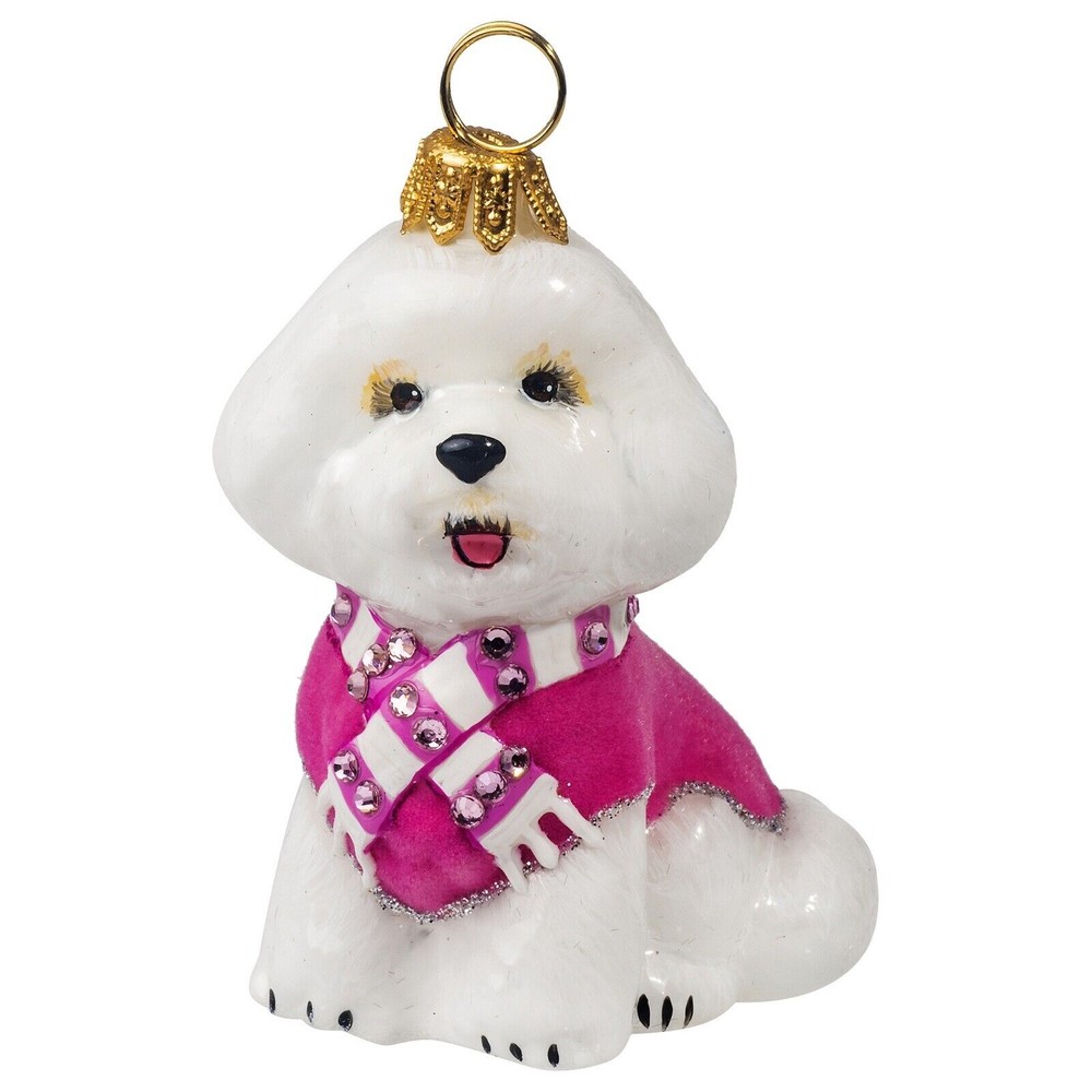 Bichon Frise Pink Velvet Coat Scarf Glass Christmas Ornament