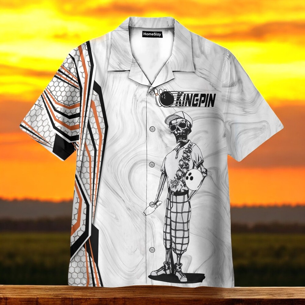 Kingpin Bowling Skull Hawaiian Shirt Short Sleeve Summer Beach Size S - 5XL