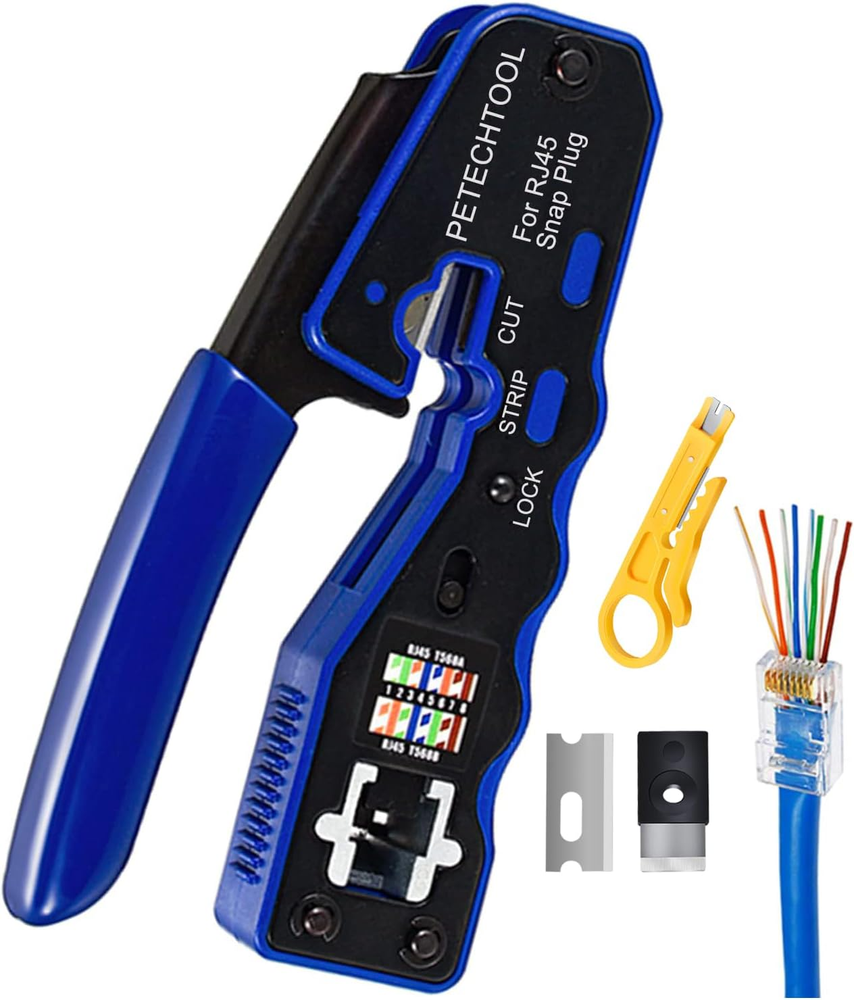 RJ45 Crimp Tool with Cutter for Cat5E Cat6 Cat6A Pass Through Connectors
