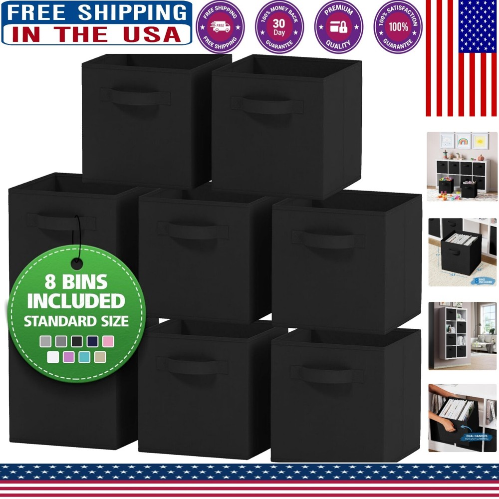Durable 8-Pack Black Fabric Storage Cubes for Home Office Organization