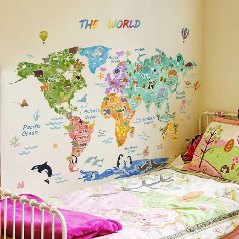 Removable World Map Animal Decal Wall Sticker Vinyl Nursery Kids Bedroom Decor