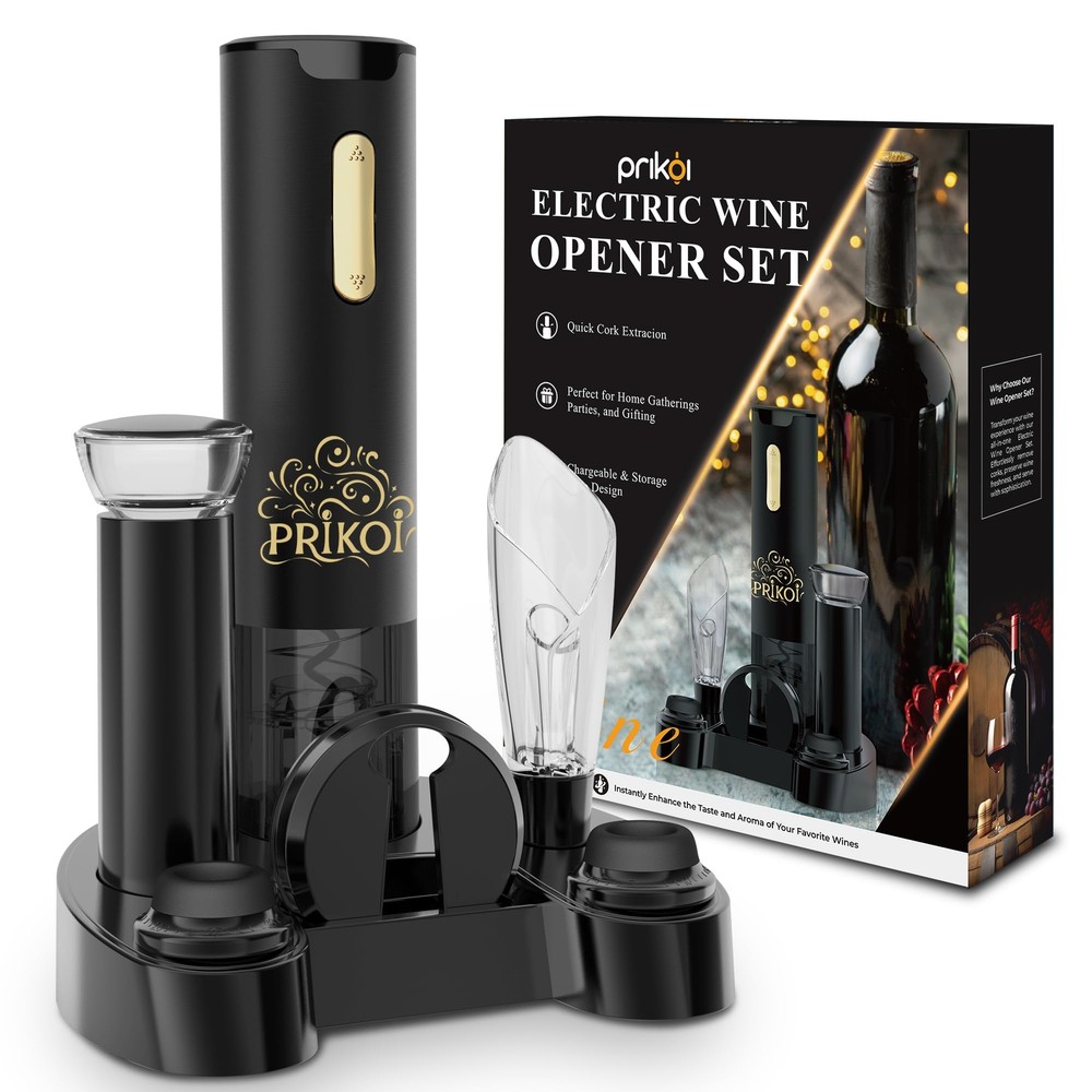 Cordless Electric Wine Opener Set with Rechargeable Base – Automatic Wine Bottle Opener with Foil Cutter, Perfect for Gifts, Parties, and Everyday Use