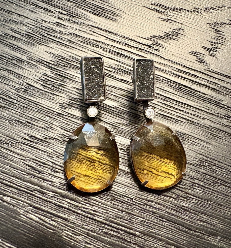 Daphne Krinos Citrine Druzy Diamond Stud Earrings