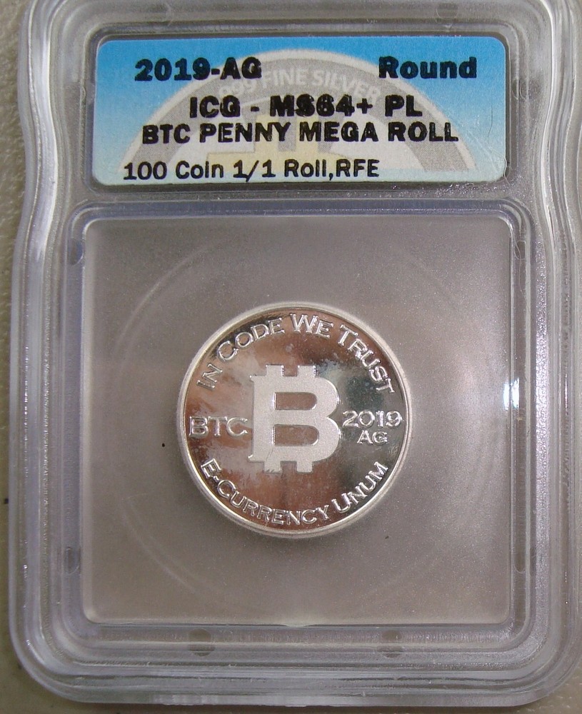 2019-AG Bitcoin Penny, Eagle Right - 700 Mintage 1/4 oz .999 Silver ICG MS64+ PL