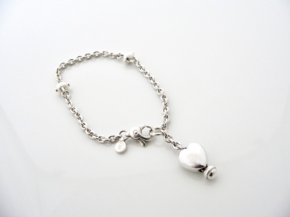 Tiffany & Co Silver Heart Dangle Dangling Bracelet Bangle 7 Inch Gift Love