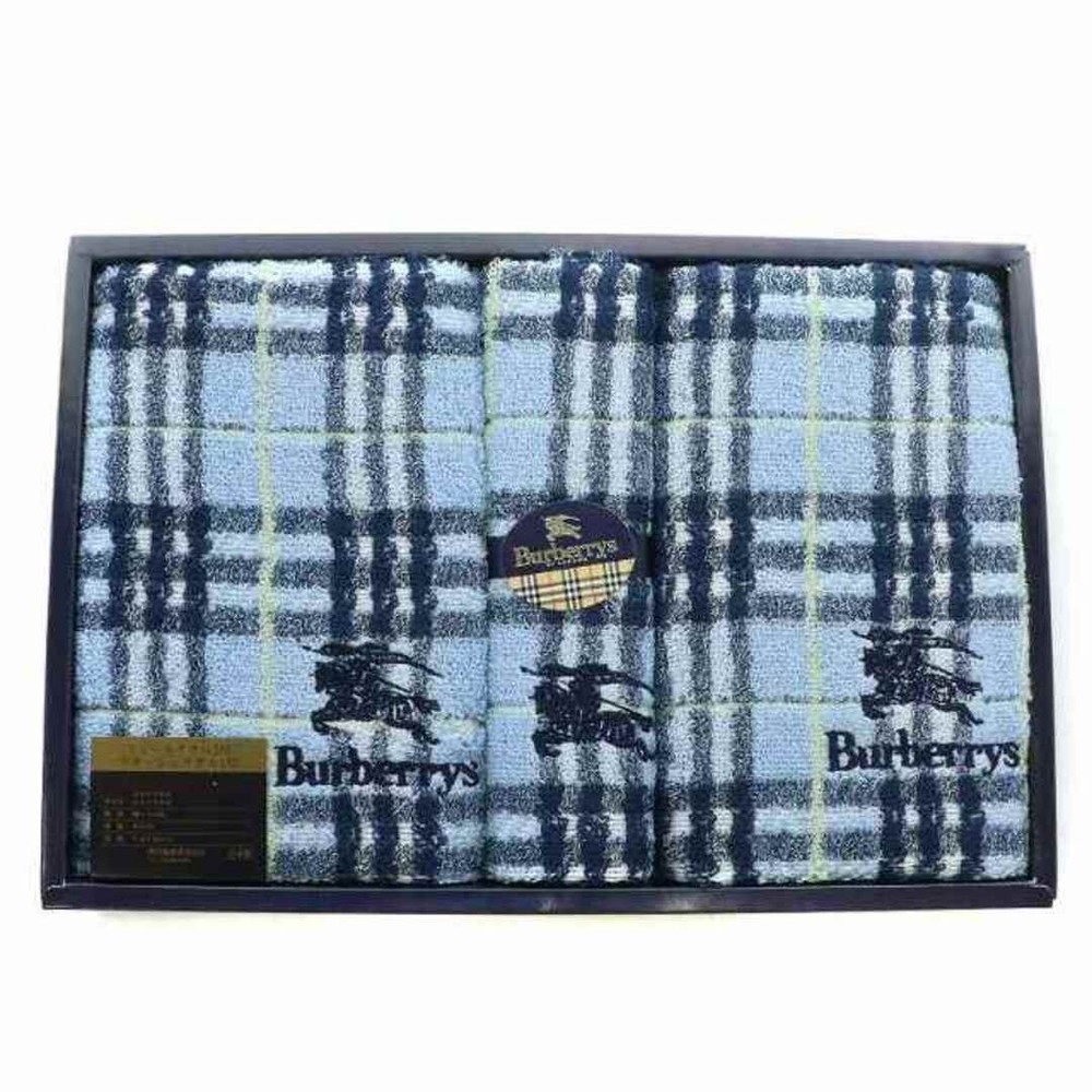 Burberry Check Pattern Blue Embroidered Logo Face Towel Set 3 Pieces