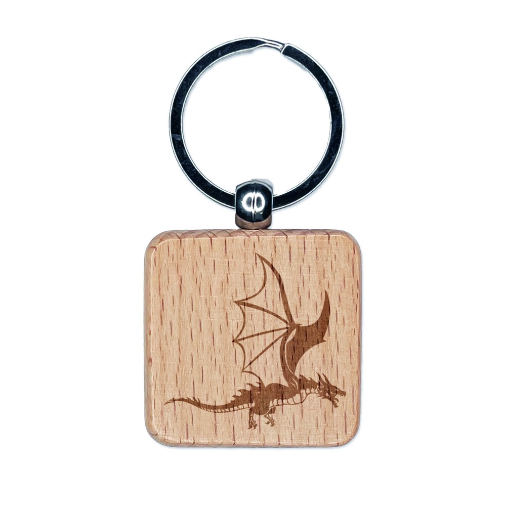 Fierce Flying Dragon Engraved Wood Square Keychain Tag Charm