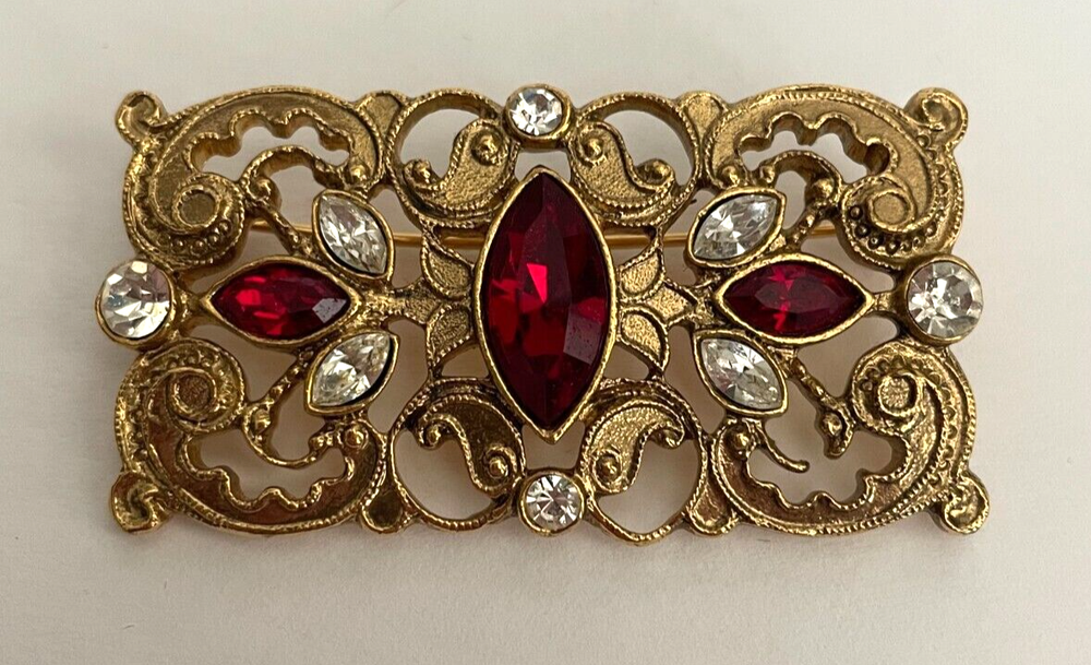 Vintage 1928 Brand Red & Clear Jeweled Brooch Lapel Pin Gold-tone 2