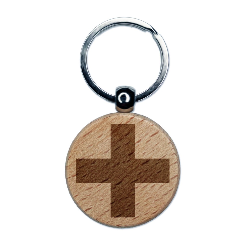 Plus Sign Solid Engraved Wood Round Keychain Tag Charm