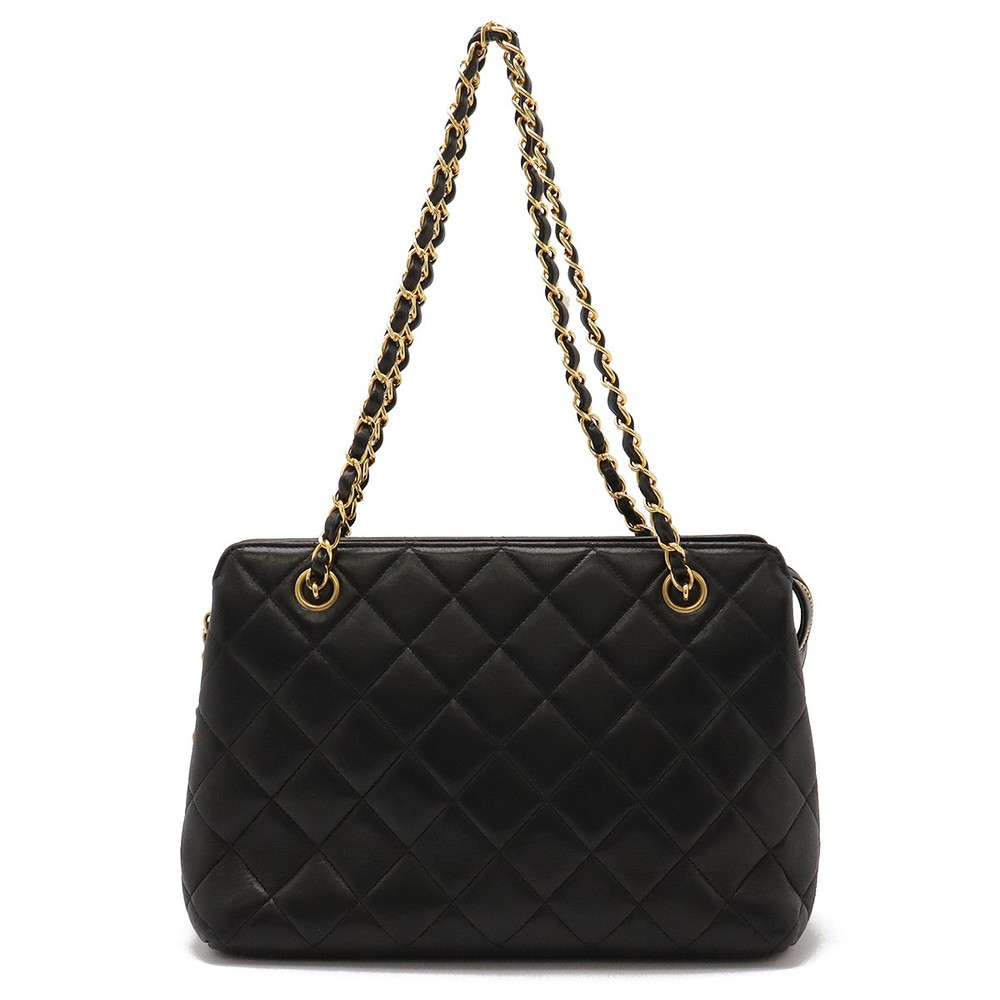 CHANEL Black Lambskin Chain Tote Shoulder Bag 217455